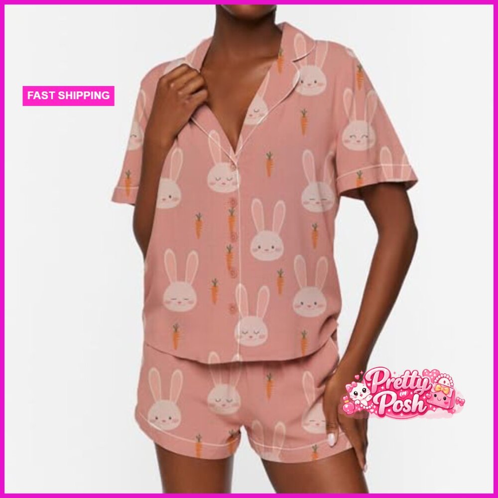 Polyester Blend Bunny Easter Pajama Set With Butt… - image 2